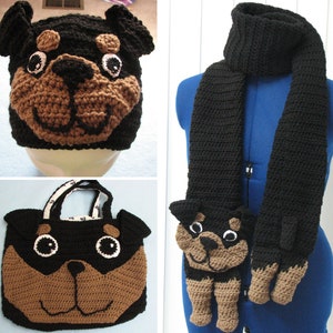 Rottweiler - Hat, Scarf and Tote Bag Crochet Pattern with Tutorials - Digital Download