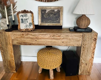 Reclaimed barn wood entryway table with rough, textured wood, crafted in a unique dovetail old wood rustic style table loft The MFW