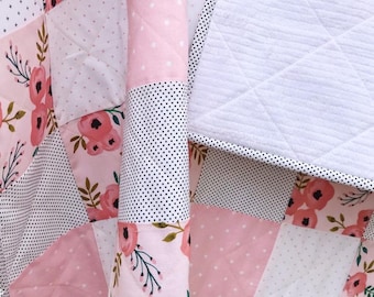 SALE Pink poppies minky baby quilt