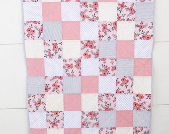 Large Pink poppies minky baby quilt