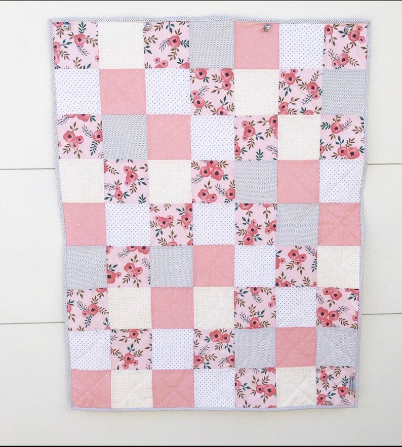 Large Pink poppies minky baby quilt KIT image 1