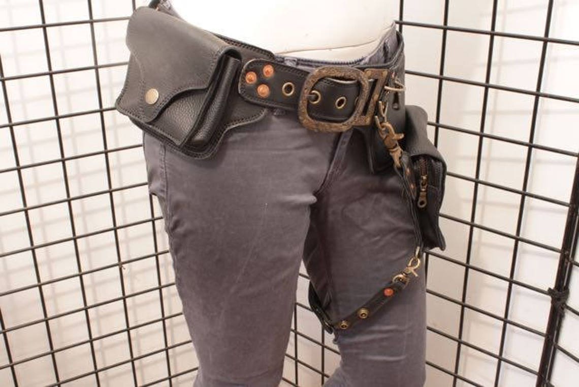 Trooper Style Black Leather Leg Strap Pocket Belt With Antique | Etsy