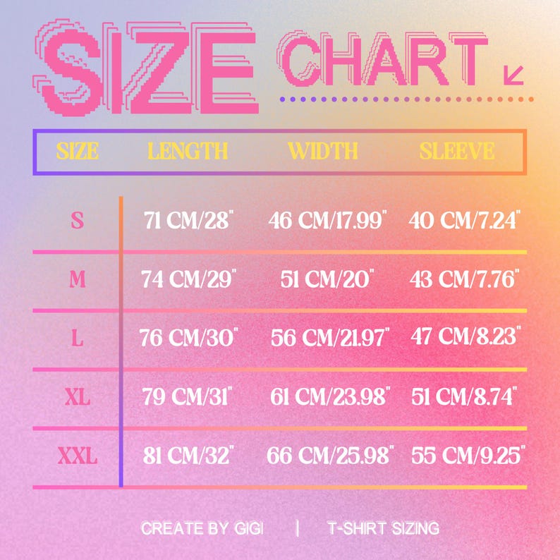 May include: A size chart for t-shirts with measurements in inches and centimeters. The chart shows the size, length, width, and sleeve length for sizes S, M, L, XL, and XXL.
