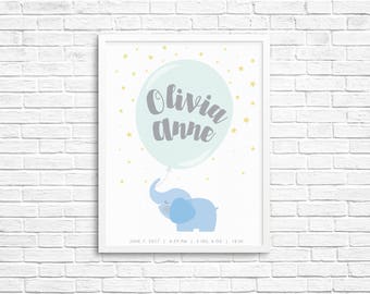 Baby Elephant & Balloon Customized Children's Nursery Print
