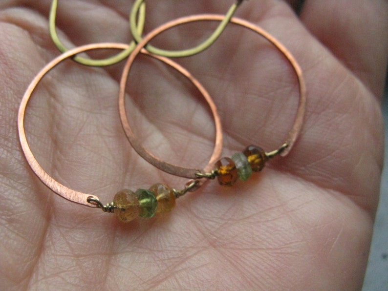 Woodlands copper circle earrings with Tourmaline gemstones Handmade yoga jewellery image 4