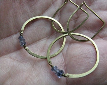 Sun disk brass circle earrings Iolite  ethnic earrings