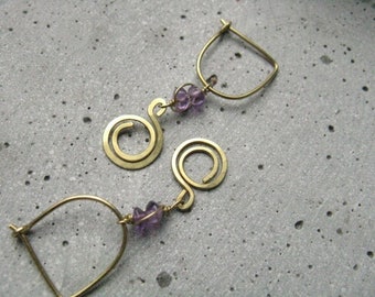 Amethyst spiral small brass earrings Handmade  Yoga jewellery