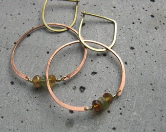 Woodlands copper circle earrings with Tourmaline gemstones Handmade yoga jewellery