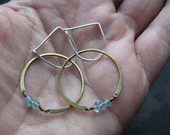 Solstice hammered brass circle earrings blue Apatite crystal Handmade Yoga jewellery