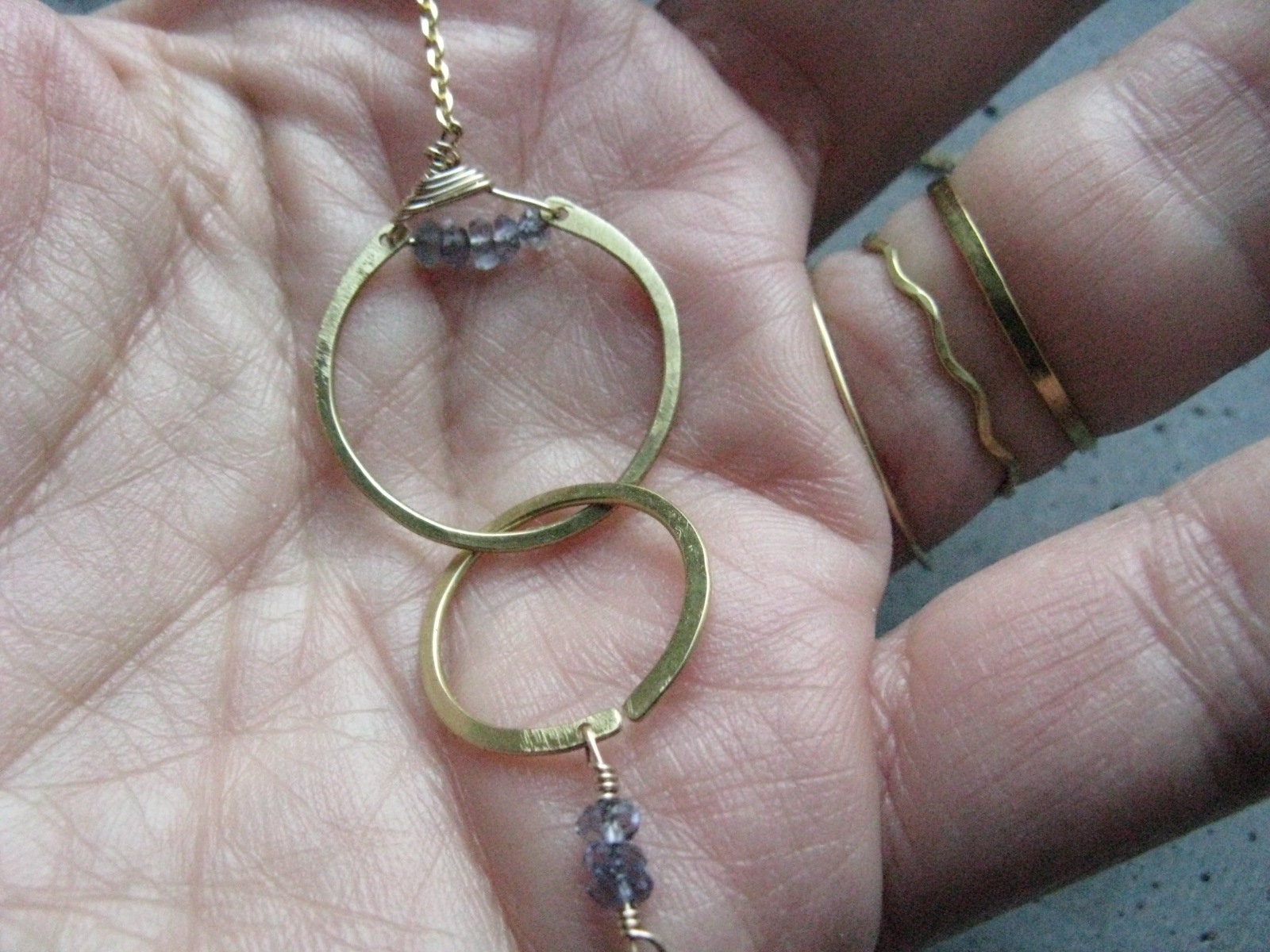 Iolite interlocking circles brass necklace Unity Infinity Handmade minimalist necklace Linked rings Ethnic lariat