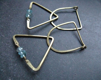 Aqua blue Apatite triangle brass earrings Geometric handmade jewellery