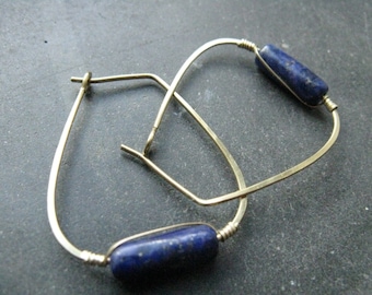 Lapis Lazuli geometric brass hoop earrings Natural stones Egyptian jewellery