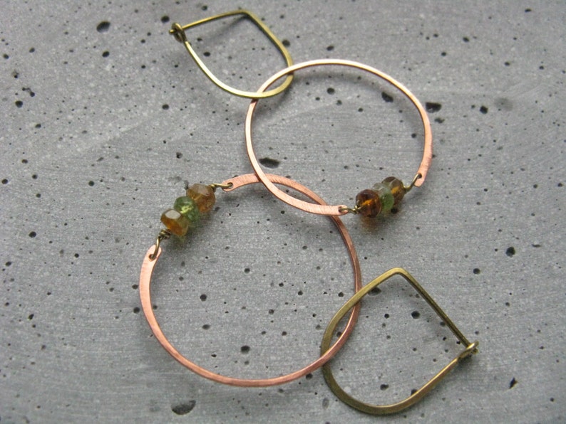 Woodlands copper circle earrings with Tourmaline gemstones Handmade yoga jewellery image 3