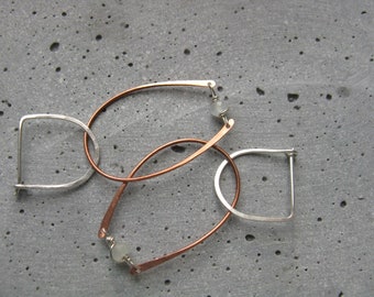 White lotus handmade copper earrings Geometric earrings Modern Moonstone  earrings Mixed metal