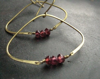 Persephone neoclassical Garnet  earrings  Ethnic brass  triangle earrings