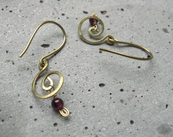 Muladhara small spiral earrings Ethnic Garnet brass earrings Yoga jewellery