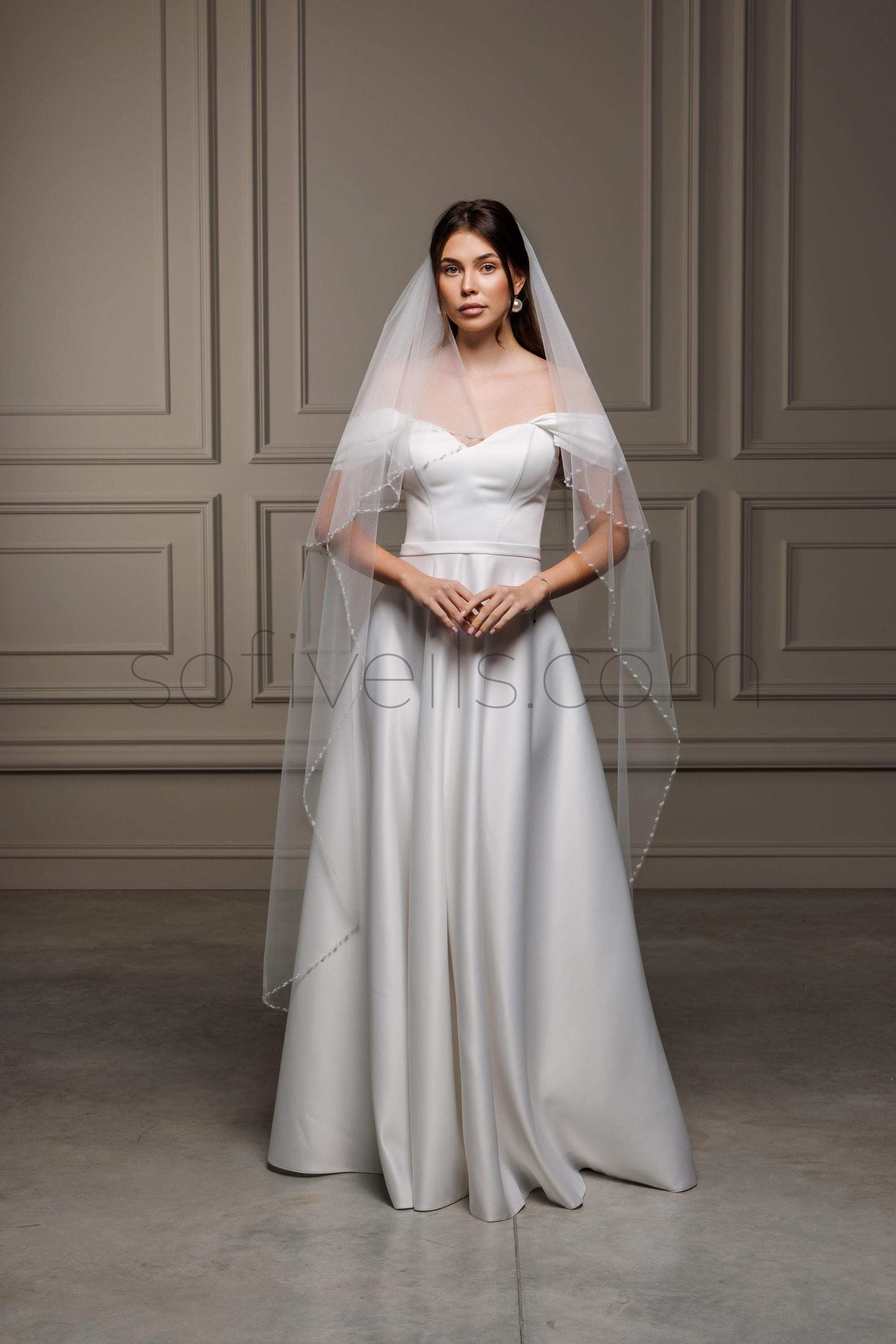 IPhone Edge Velo Da Sposa Con Pettine - 2 Strati, Bianco/Avorio, Lunghezza Gomito, Perline Sul Bordo, Nuovo Con Etichette Rotolo Velo Sposa - Foto 10