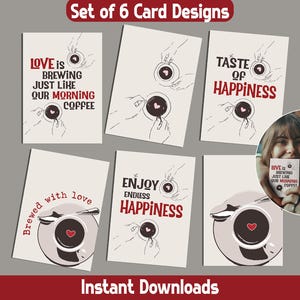Cartes de mariage imprimables pour les amateurs de café pour les jeunes mariés, lot de 6 cartes d'amour bohèmes, couple de mariage, idée cadeau cartes à téléchargement numérique