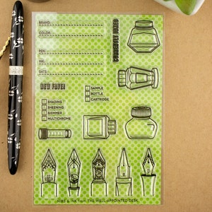 Penpunten en inkt: 4 x 6 inch clear stampset (16 stempelontwerpen - inktmonsters, vulpennen, momenteel geïnkt, col-o-ring, inktinventaris)