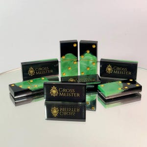 Emerald&Gold Epoxy Resin Dominoes with Wooden Box for Storage, Tabletop Game, Family Night Game, Classic Domino Set, Stylized Tabletop Game