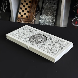 White Acrylic Stone Backgammon Set LION Desugn, Stone Chips with Metal Inlay, No Analogues in the World, Large Backgammon Set, Game Board