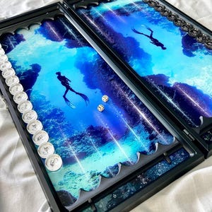 以下が含まれることがあります： スキューバダイバーが描かれた水中シーンの黒いバックギャモンボード。ボードの側面には白と黒の円形のチェッカーが並べられ、中央には黒いドットが付いた2つの白いサイコロが置かれています。
