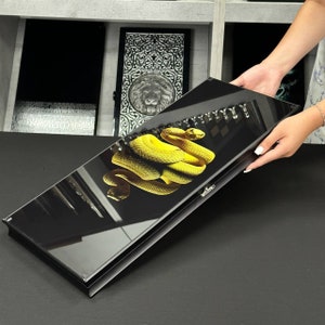 May include: A black wooden box with a glass top. The box has a gold snake design on the top. The box is closed and has a silver latch.