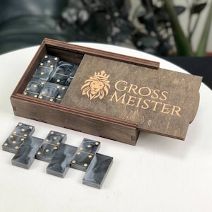 Gray&Gold Epoxy Resin Dominoes with Wooden Box for Storage, Tabletop Game, Family Night Game, Classic Domino Set, Stylized Board Game