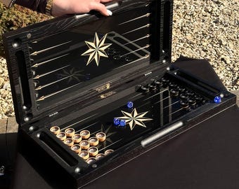 Tempered Glass & Natural Wood Backgammon Set ,Game Board Octagonal Star Design, Gift for Dad, Friends, Business Partner, Tabletop Game