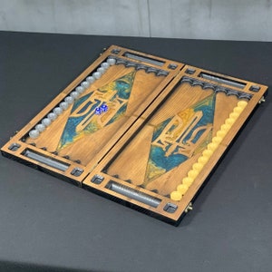 Handmade Wood&Epoxy Resin Backgammon Set Stylized with Ukrainian Trident,Made of Natural Wood,Game Board, Wood Home Decor, Epoxy Resin Chips
