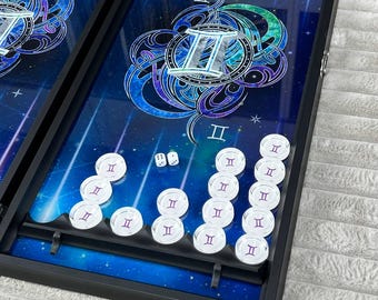 Large Tempered Glass Backgammon Set 61cm (24"), Game Board Zodiak Desigh, Gemini, Tabletop Game, Family Night Game, Gift for Friends, Nardy