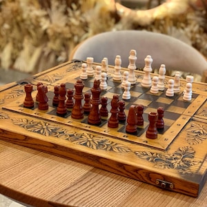 Natural Wood Chess&Backgammon Set, Exclusive Game Board, Wood Home Decor, Unique Design, Wooden Chips, Direct Store, Checkers Game Set