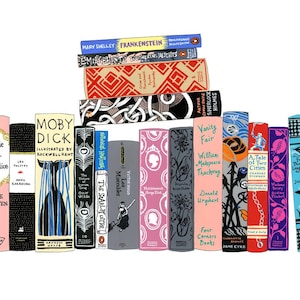 May include: A collection of classic literature book spines with colourful illustrations. The titles include Pride and Prejudice, Moby Dick, The Scarlet Letter, Vanity Fair, A Tale of Two Cities, and Twenty Thousand Leagues Under the Sea.