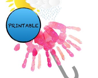 Impronta di mano con ombrello sotto la pioggia o sotto il sole, lavoretto per neonati/bambini piccoli, ricordo stampabile fai da te per una persona cara