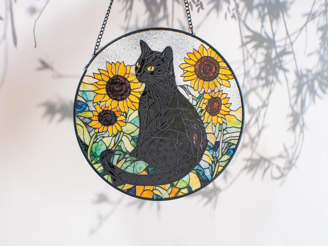 3D Relief Black Cat Sunflower Stained Glass Suncatcher for Window ...