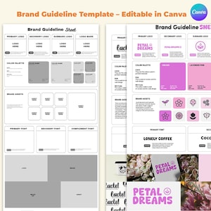 May include: A brand guideline template, editable in Canva, with a white background. The template includes sections for primary and secondary logos, colour palettes, brand assets, and fonts. The text "Brand Guideline Sheet" is at the top. The Canva logo is in the upper right corner.