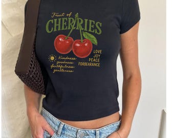 Cherry Graphic Y2K Baby Tee-Cherry Tee, Fruit tshirt-Cherry Shirt- Cherry Baby Tee-Vintage Cherry T-Shirt-Trendy Fruit Crop Top-90s Baby Tee
