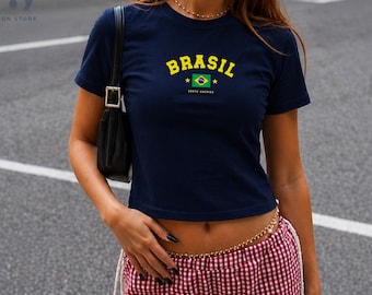 Camiseta de bebé bordada de Brasil, top con la bandera de Brasil estilo Y2K