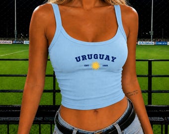 Uruguay geborduurde tanktop, Uruguayaanse geribbelde tanktop, Uruguay Pride zomertop, Montevideo Heritage ingerichte tanktop, Zuid-Amerika cadeau