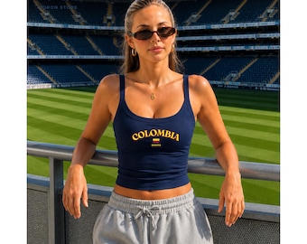 Camiseta sin mangas bordada de Colombia, camiseta sin mangas acanalada colombiana, top de verano con orgullo colombiano, camiseta sin mangas con estética de Medellín, top ajustado con herencia latina