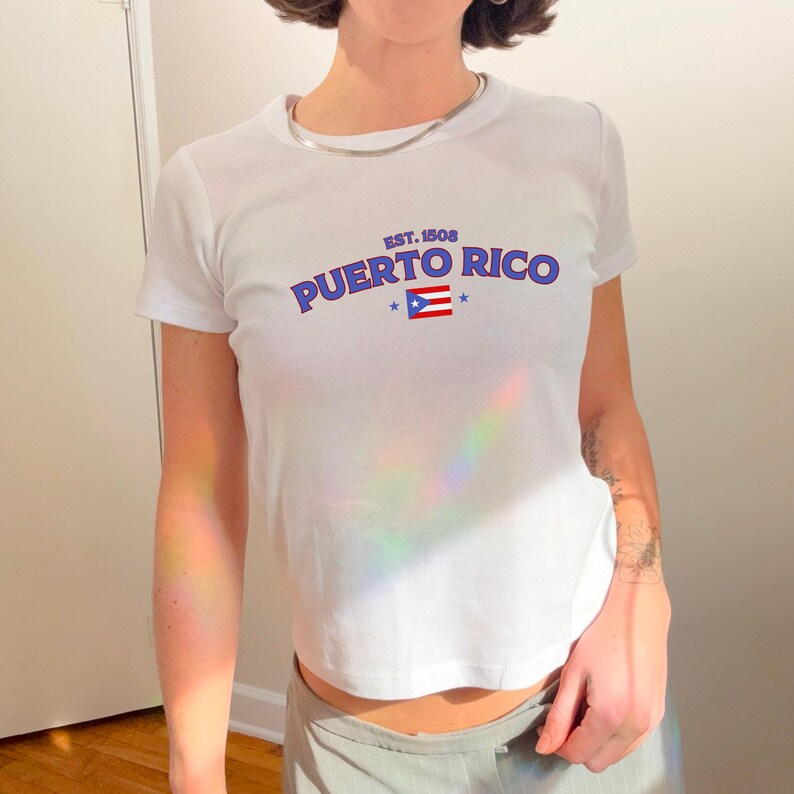以下が含まれることがあります： 前面に「EST. 1508 PUERTO RICO」の文字と、青と赤のプエルトリコの国旗のグラフィックがプリントされた白いTシャツです。
