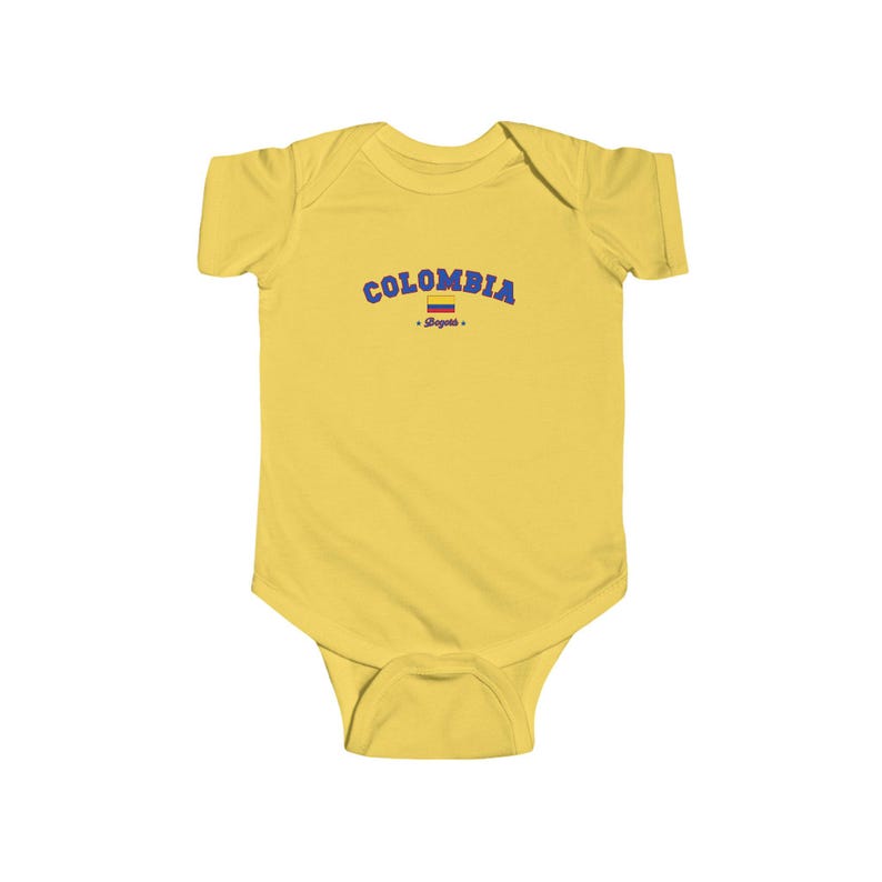 May include: Yellow baby grow with a blue and red Colombian flag and the text "COLOMBIA - Bogota -" printed on the front.