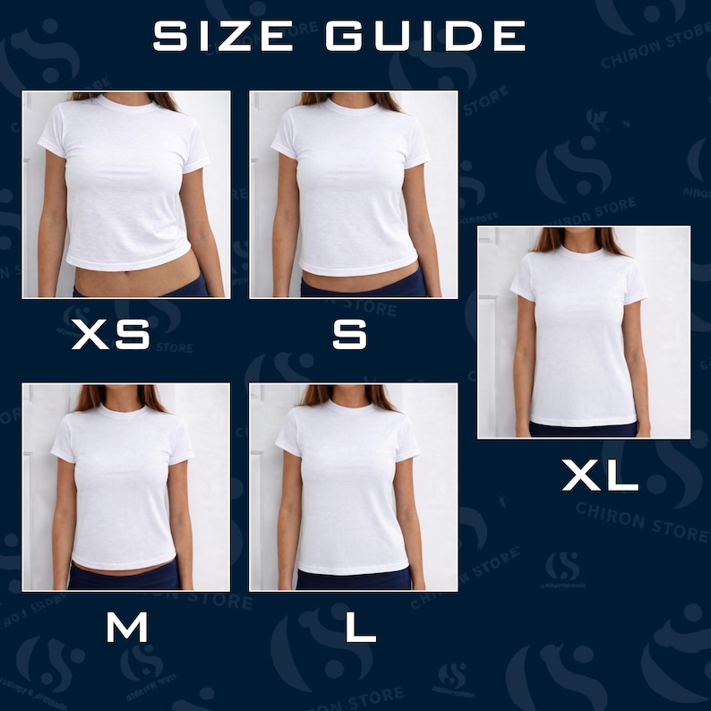 May include: A size guide graphic featuring five white short-sleeved t-shirts labeled XS, S, M, L, and XL. Each shirt is displayed on a torso, showing the fit and length for different sizes against a dark blue background with the text SIZE GUIDE.