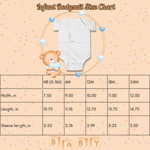 May include: A size chart for infant bodysuits with measurements in inches for width, length, and sleeve length. The chart shows sizes from newborn to 24 months.