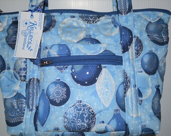 Quilted Fabric Handbag Purse Blue with Beautiful Ornaments
