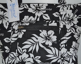 Quilted Fabric Handbag Purse Black with White Hibiscus Flowers