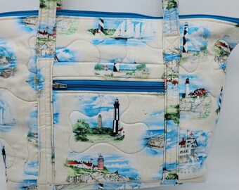 Quilted Fabric Tote with Beautiful Lighthouses