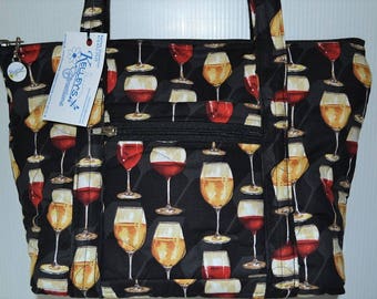 Quilted Fabric Handbag Purse Black with Wine Glasses