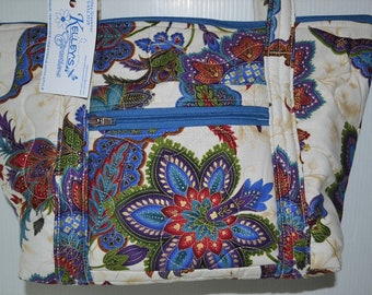 Quilted Fabric Bag Beige with Beautiful Colorful Flowers