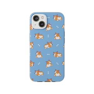 May include: A light blue phone case featuring a repeating pattern of cartoon corgi dogs and white bone shapes. The corgis are brown and white, and the case has a camera cutout.